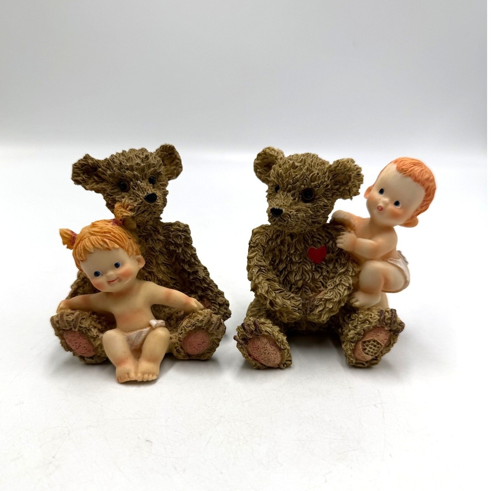 Vintage Teddy Bear and Baby Resin Figurines Set of 2 Brown Nursery Decor